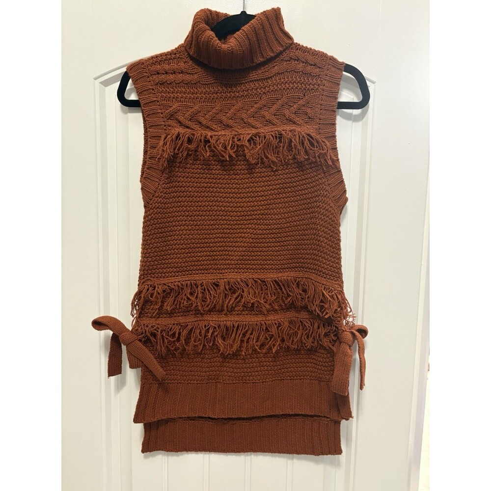 Moon River Rust Turtleneck Fringe Sleeveless Sweater- S